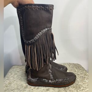 Leather Fringe Handmade Indian Mocassin Knee High Boots Size 9